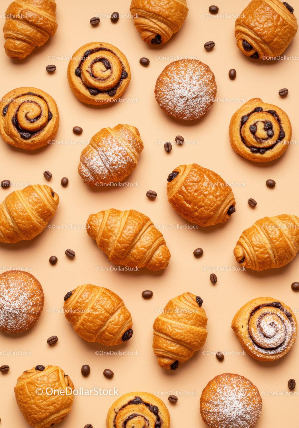 Assorted fresh pastries with coffee beans on beige surface