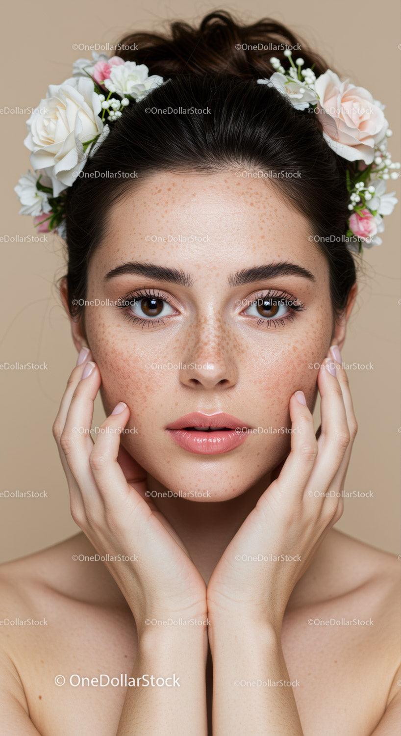 Natural Freckle Beauty with Floral Headband for Magazine and Lifestyle