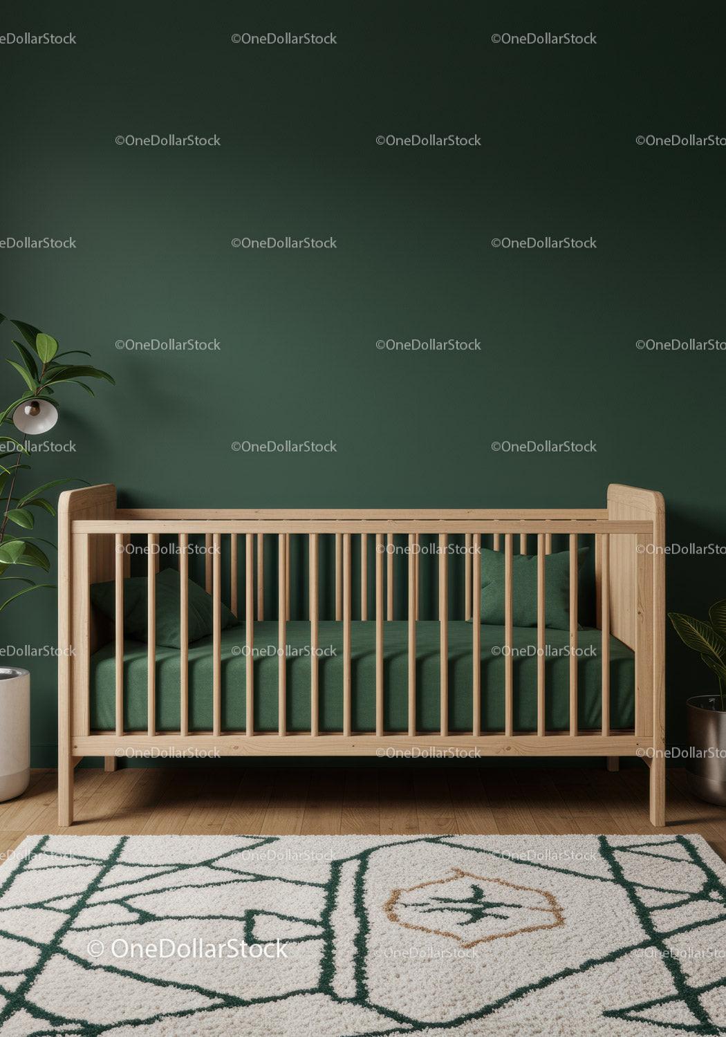 Modern Baby Crib in Cozy Nursery with Green Wall and Wooden Decor
