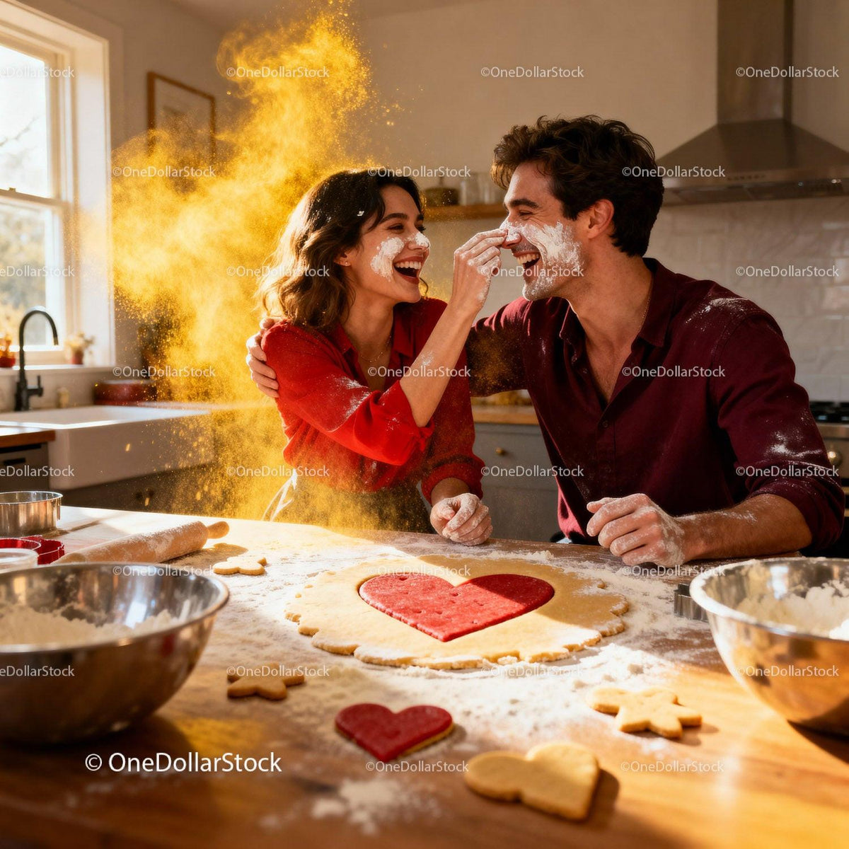 Happy Couple Baking Heart Shaped Cookies Together