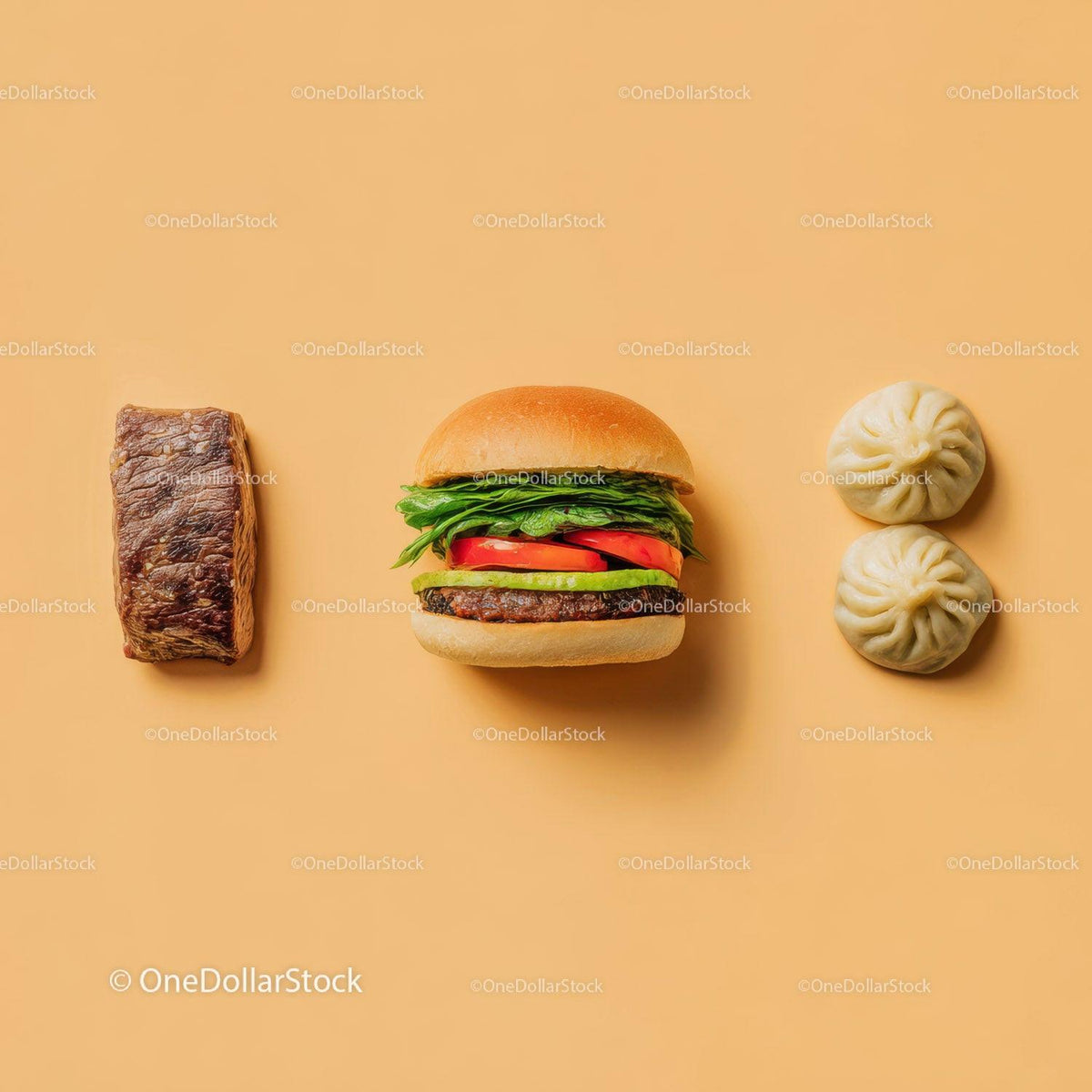 Gourmet Burger with Lettuce and Tomato Next to Grilled Steak and Dumpling Stock Photo Bundle preview 18