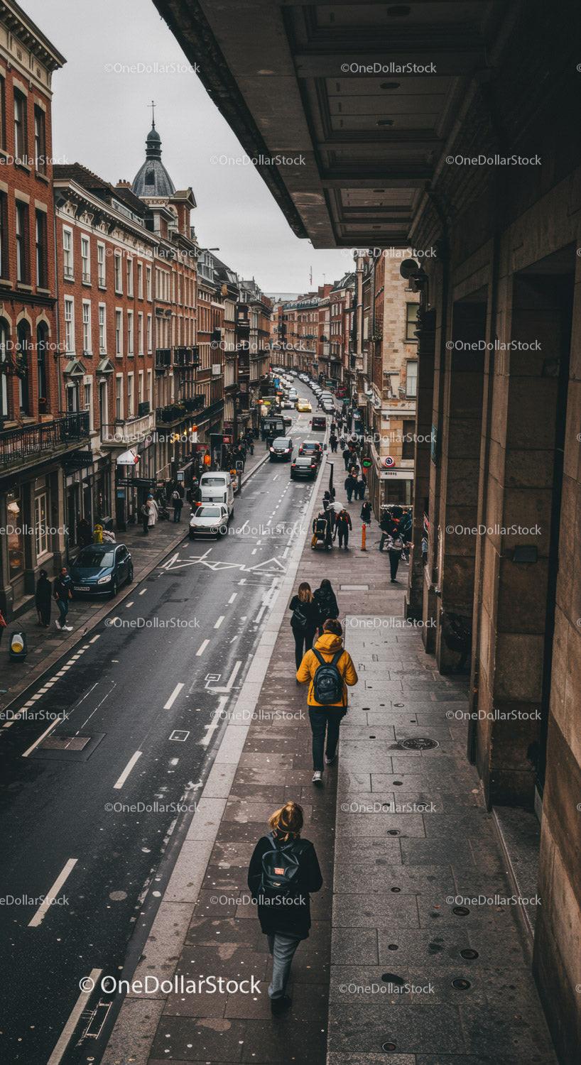 Urban City Street Scene with Pedestrians and Historic Buildings