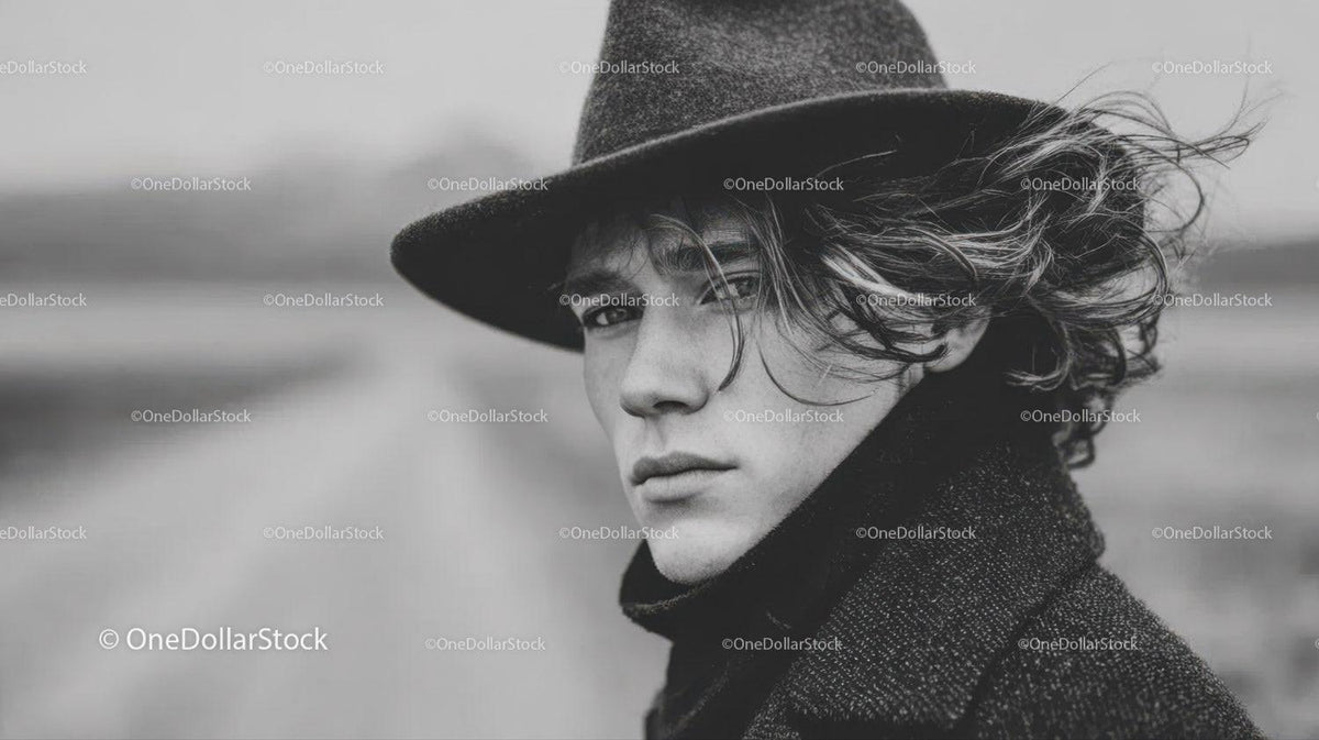Black and White Portrait of a Young Man with Curly Hair Wearing Fedora