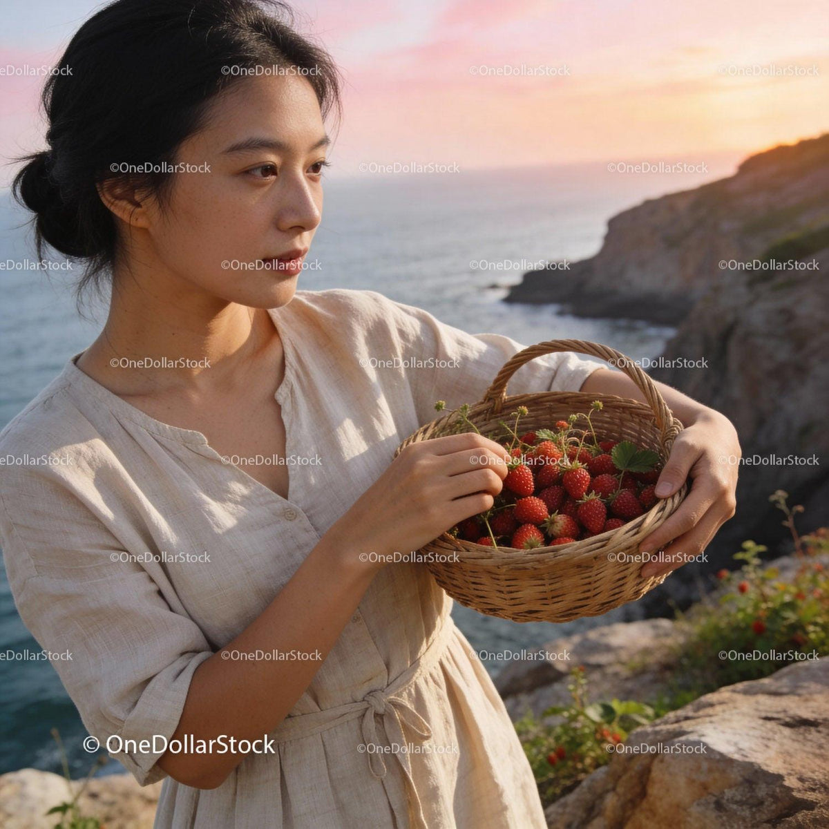 Young woman picking fresh strawberries by the sea