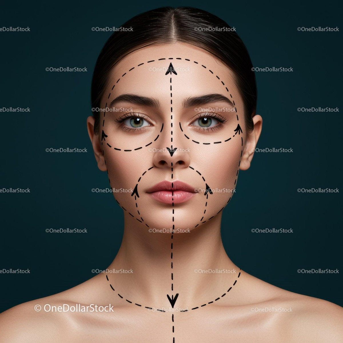 Elegant Woman with Facial Mapping Lines for Beauty and Skin Care