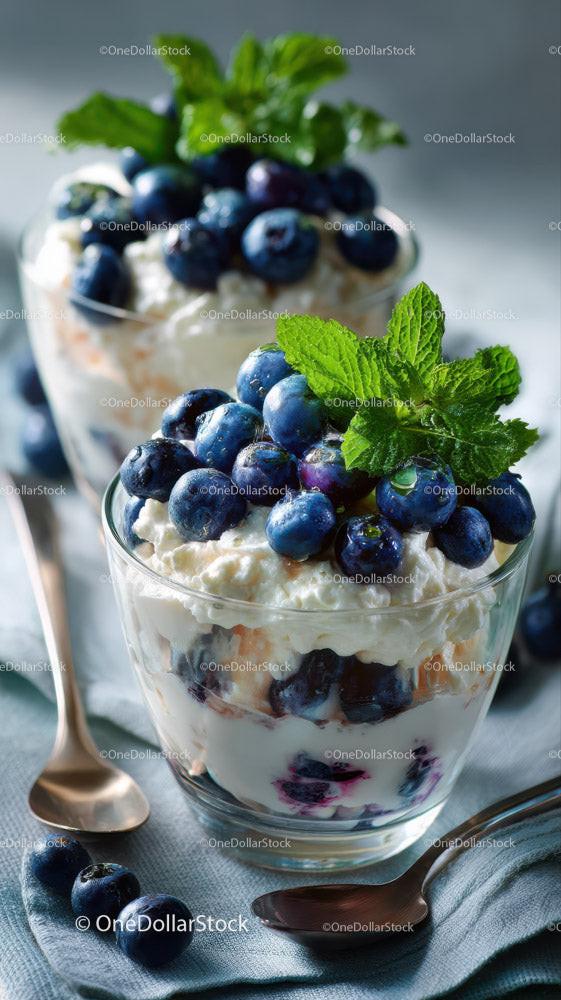 Berry Cheesecake in Glass Cup with Fresh Mint and Blueberries Stock Photo Bundle preview 7
