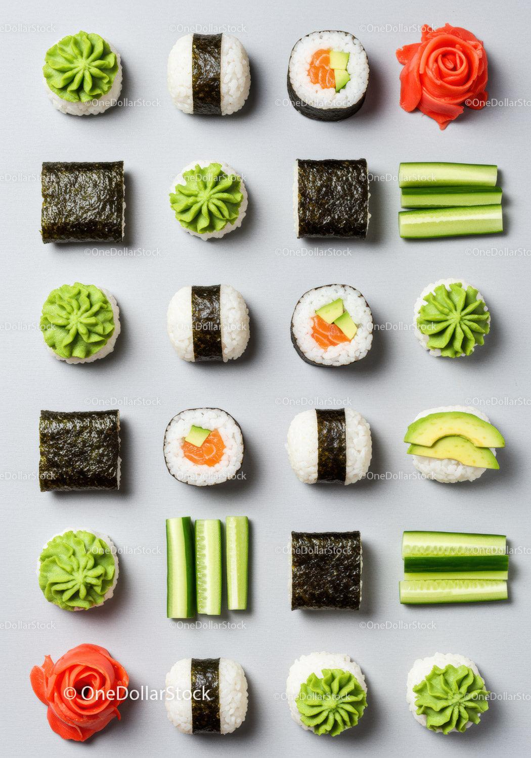 Assorted sushi and fresh cucumber pieces arranged in grid