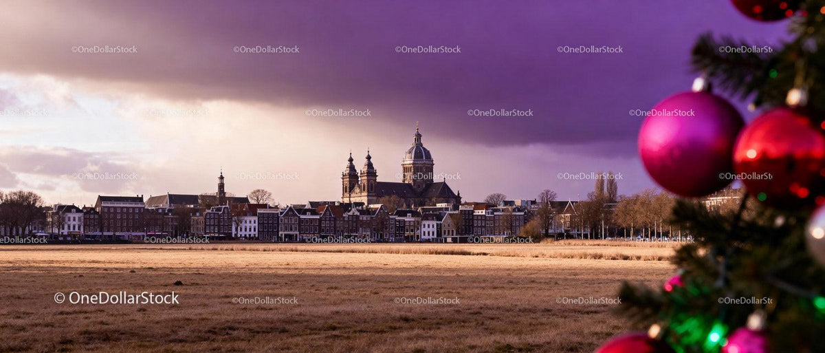 Historic Cityscape with Festive Christmas Decorations