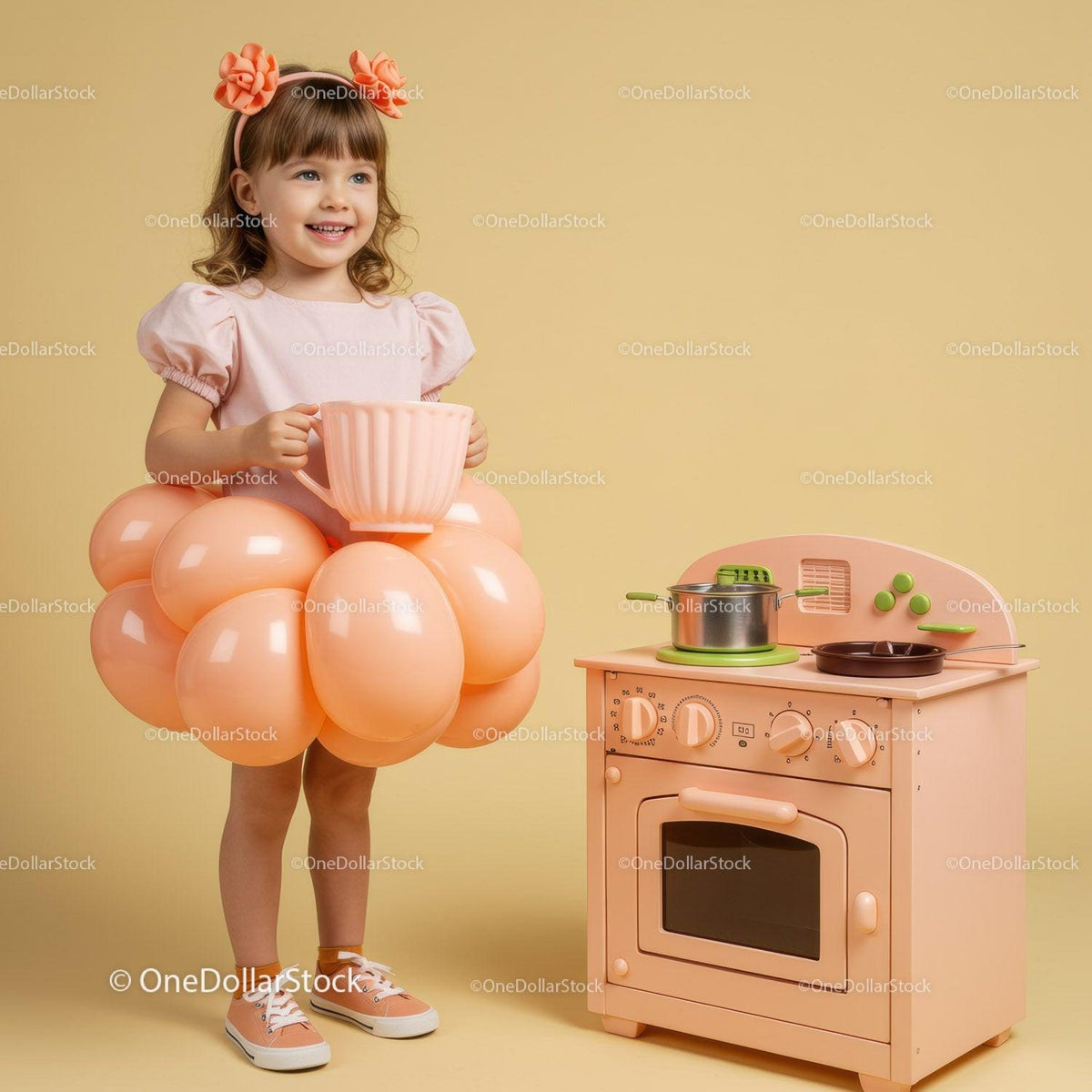 Smiling little girl in balloon skirt holding giant cup