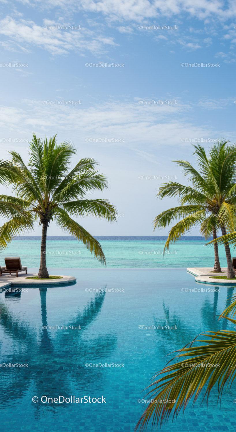 Tropical Poolside Oasis with Palm Trees and Ocean View