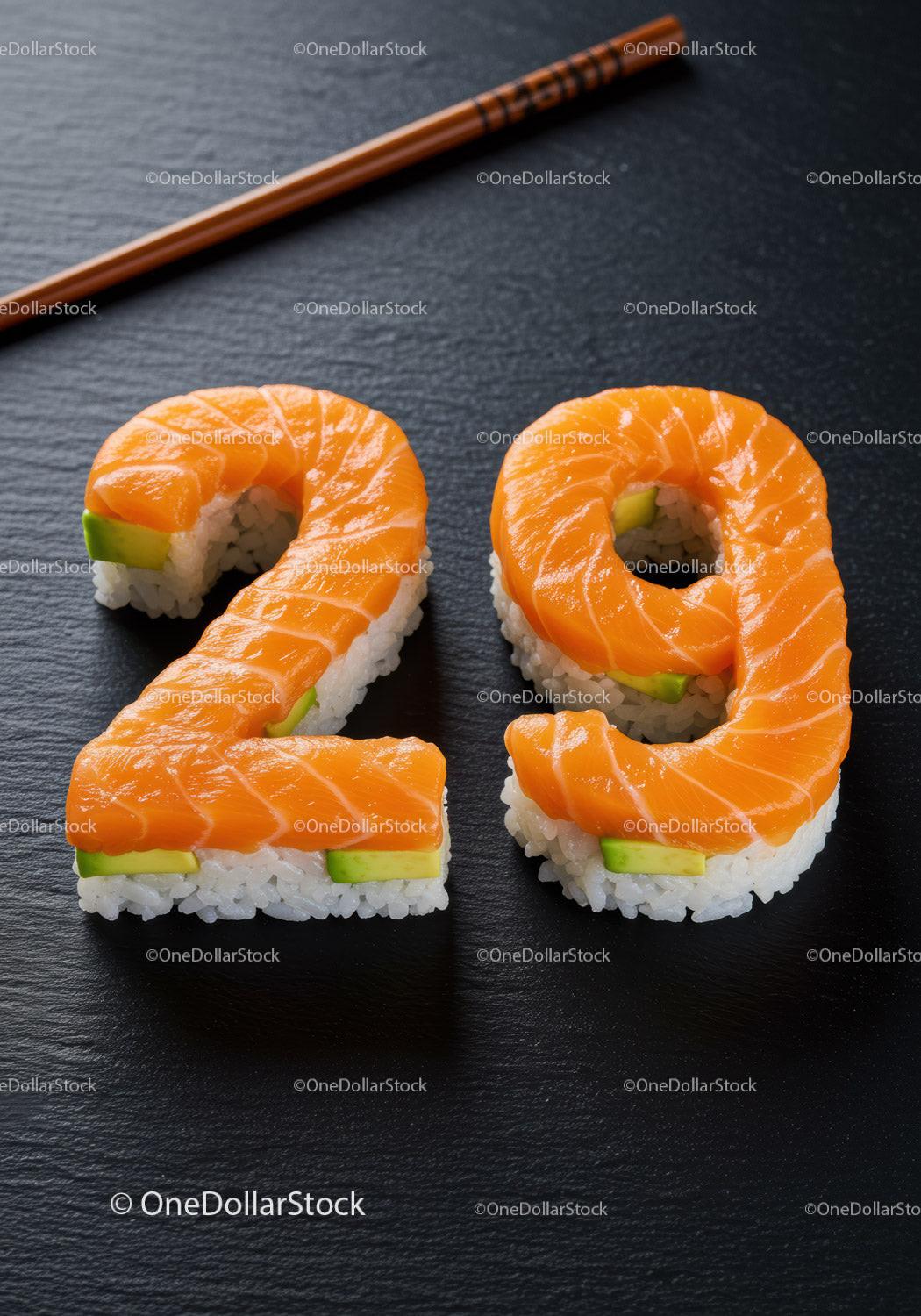 Creative sushi shaped as numbers twenty nine