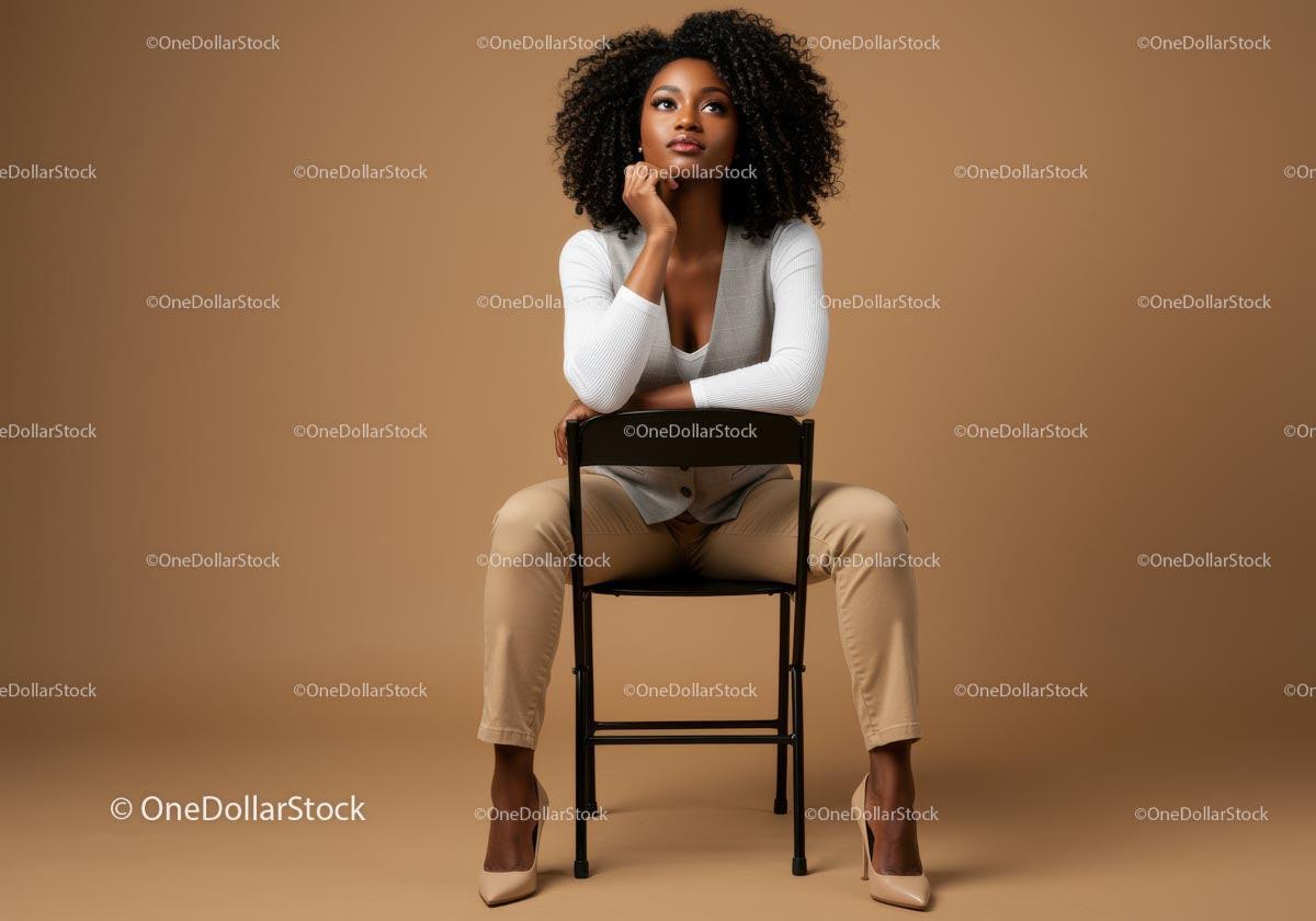 Confident Woman in Stylish Outfit Sitting on a Chair in Studio