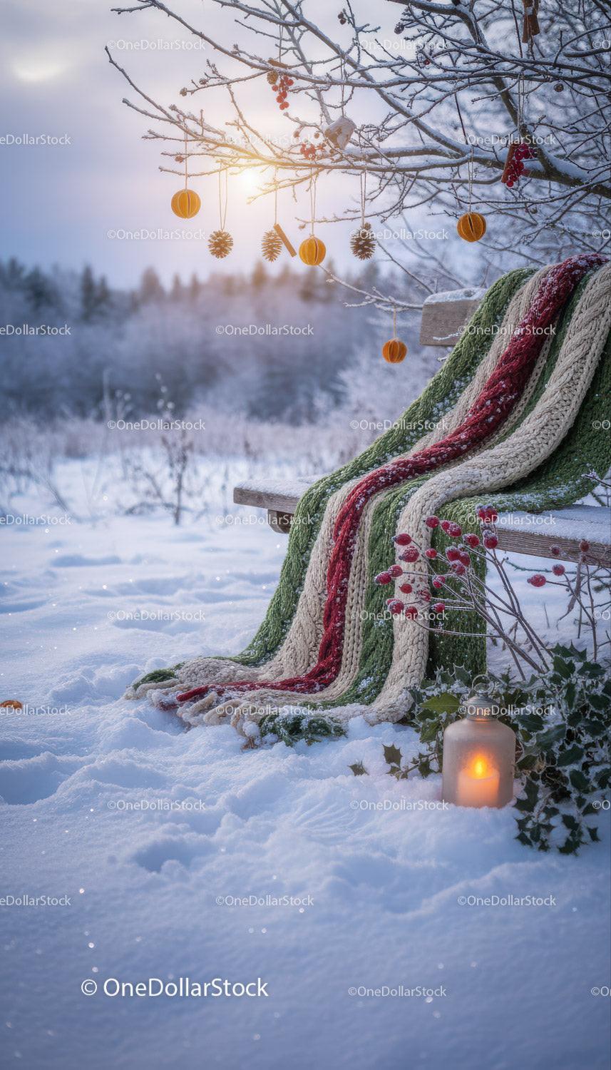 Cozy knit blanket and candle in snowy winter garden