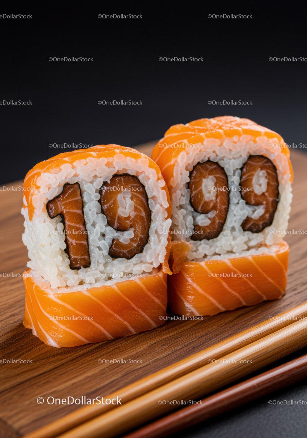 Creative sushi rolls with salmon shaped as numbers 1999
