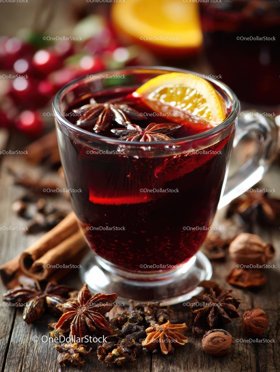 Delicious Mulled Wine with Citrus and Spices in a Glass Mug Stock Photo Bundle preview 22
