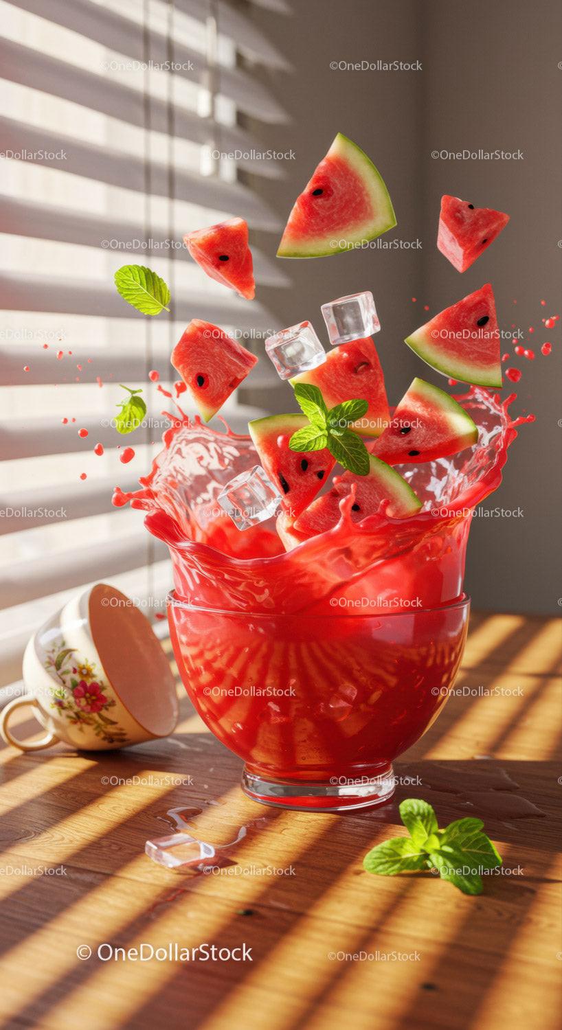 Fresh Watermelon Splash with Ice Cubes and Mint Leaves