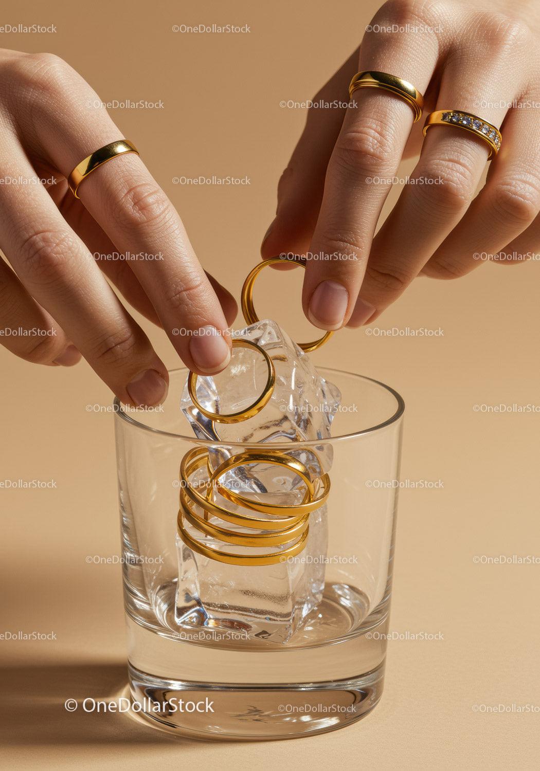 Hands placing gold rings on ice cubes in glass