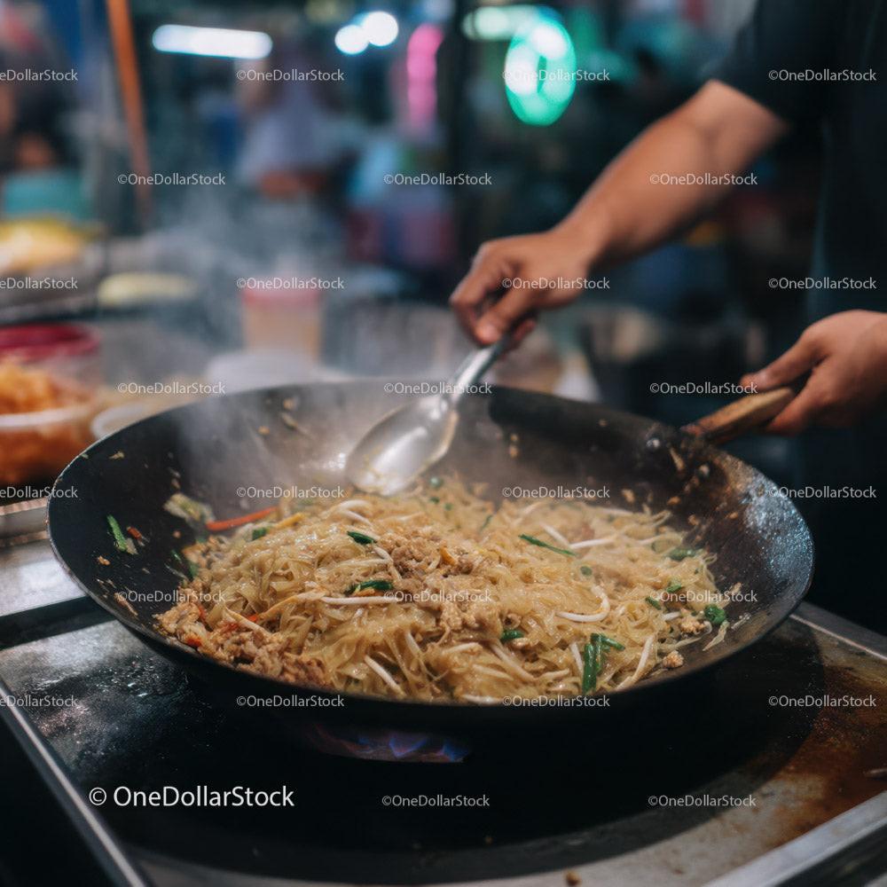 Stir-Fried Noodles with Vegetables in a Professional Street Food Setting Stock Photo Bundle preview 12