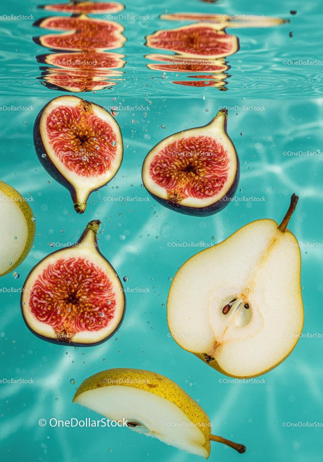 Fresh fig and pear slices floating in clear turquoise water