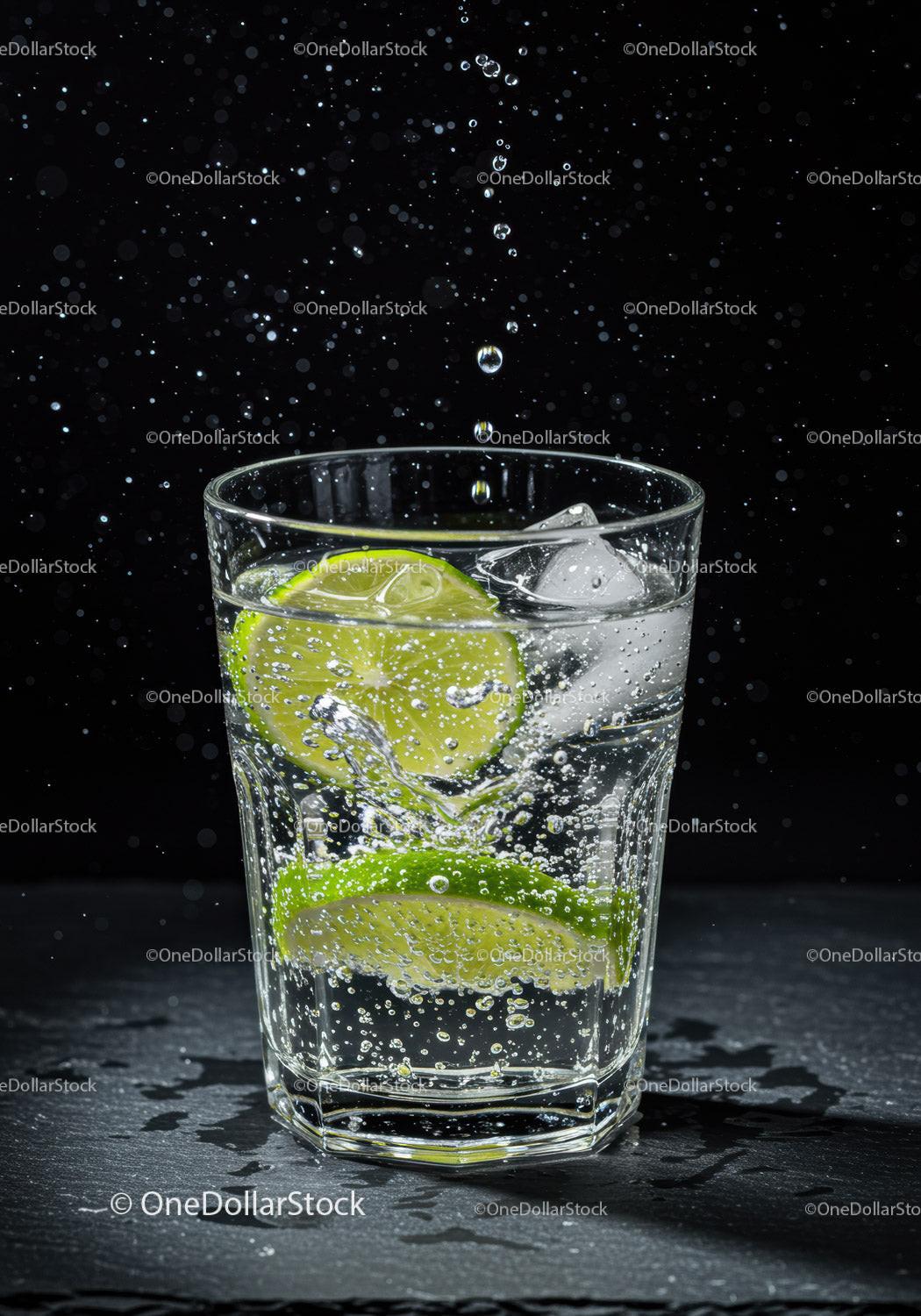 Refreshing sparkling water with lime slices and ice cubes