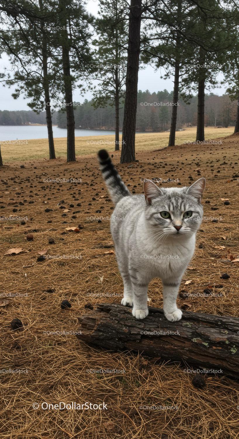 Gray Tabby Cat Exploring Autumn Pine Forest Outdoors