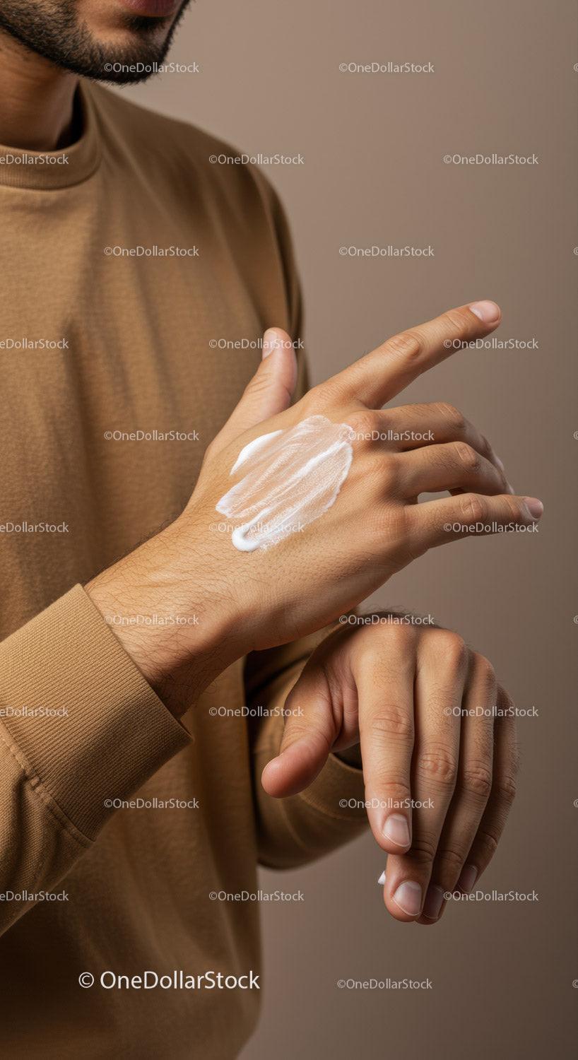 Close-up of Man Applying Hand Lotion with Skincare Product in Focus