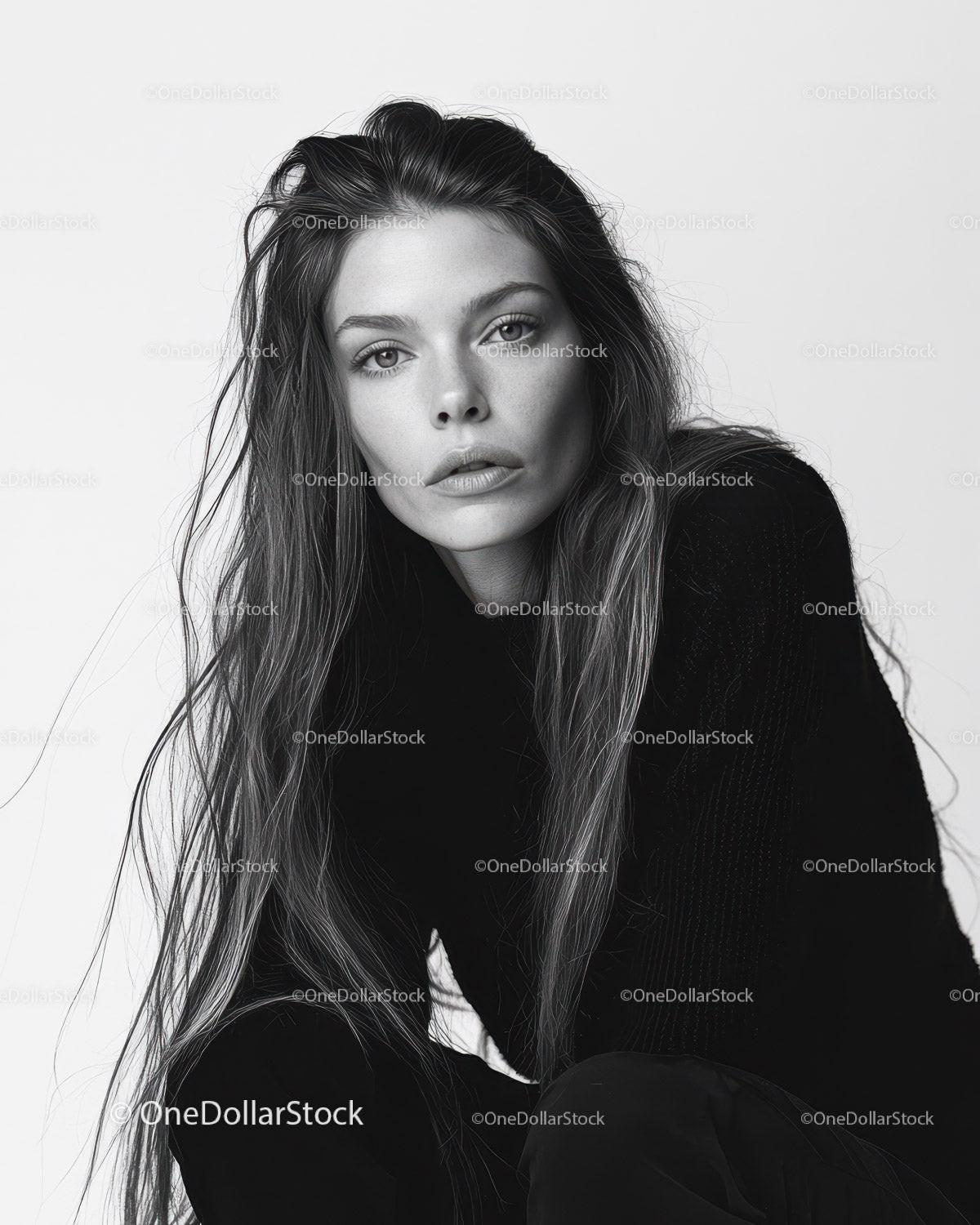 Elegant Black and White Portrait of a Confident Woman with Long Hair