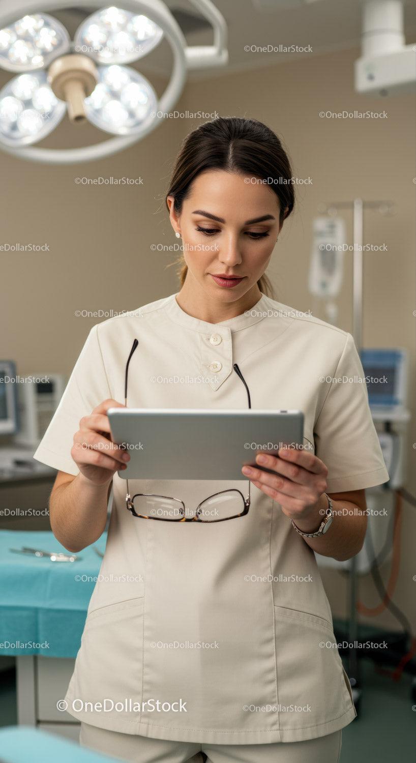 Professional Female Nurse Analyzing Data on Tablet in Hospital