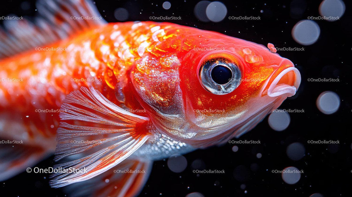 Close-up of vibrant orange koi fish swimming with bubbles in dark water