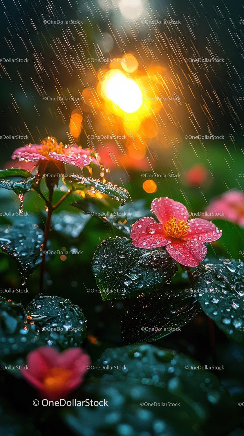 Pink Camellia Flower with Raindrops and Sunset Blurred Background
