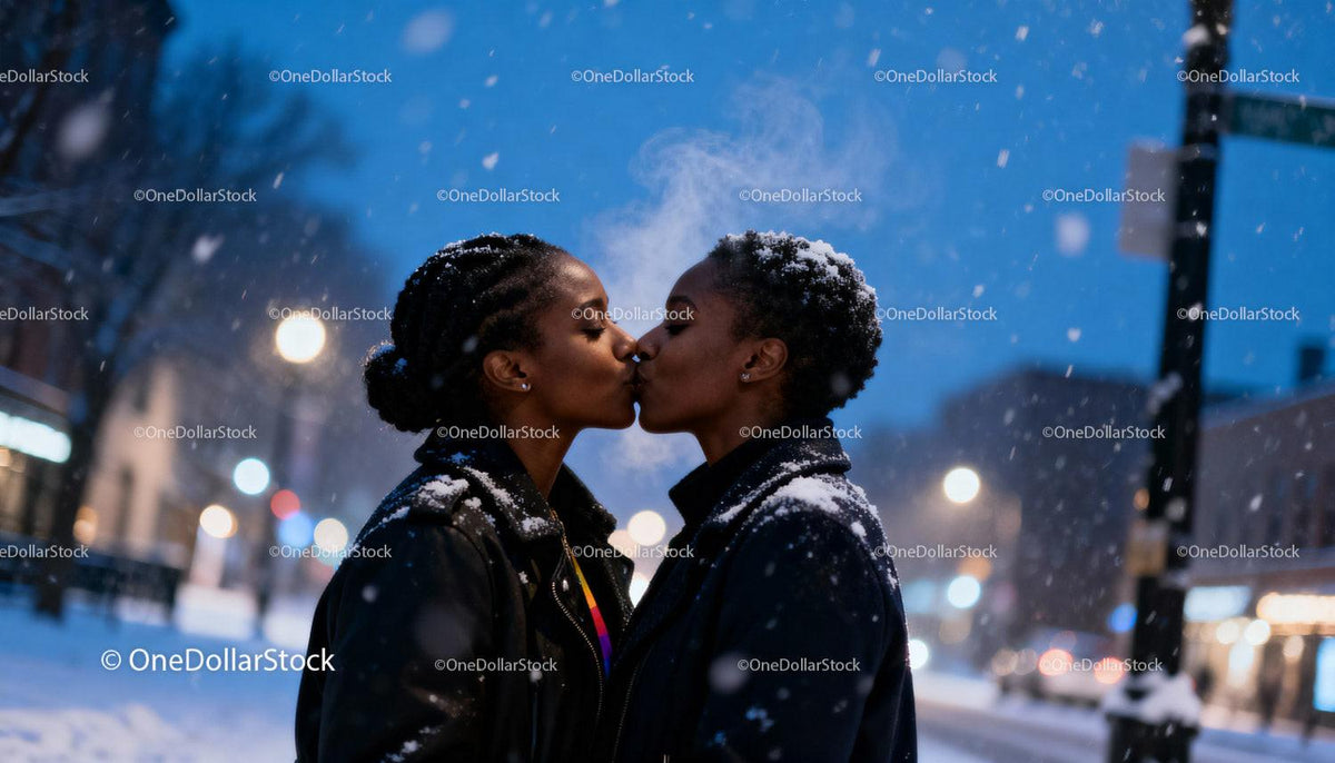 Couple sharing a tender kiss on snowy winter evening