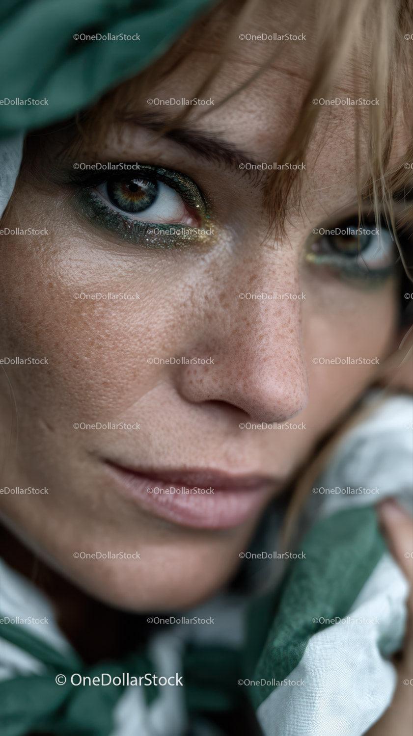 Close-up Portrait of a Woman with Vibrant Eye Makeup and Freckles
