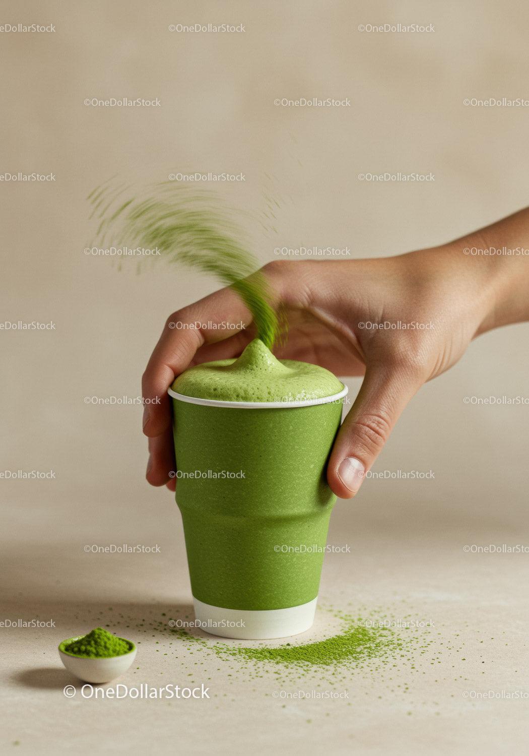Hand holding cup of frothy matcha tea with powder splash