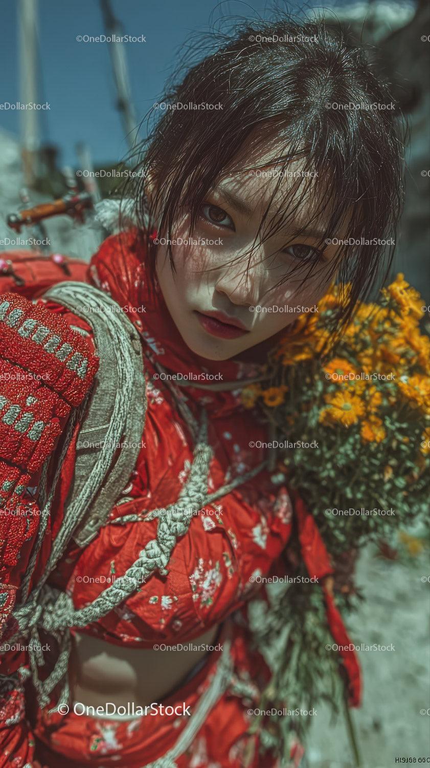 Young Woman in Red Floral Dress with Wet Hair Outdoor Portrait