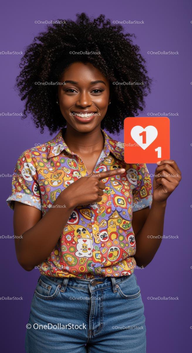 Smiling Woman Holding Heart Sign with Colorful Shirt Against Purple Background Stock Photo Bundle preview 46
