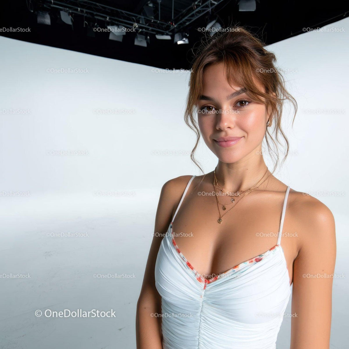 Young Woman Smiling in Studio with White Tank Top and Jewelry