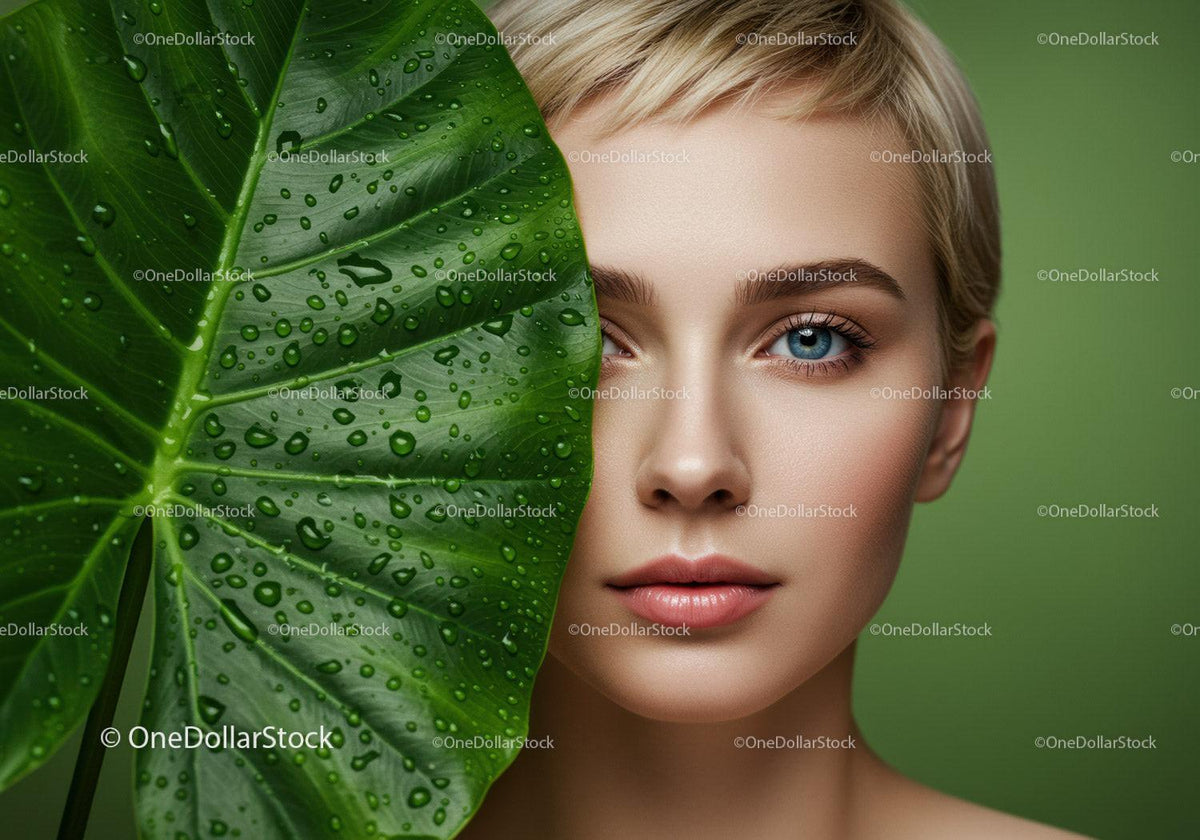 Close-up of a Woman with Blue Eyes and a Tropical Leaf