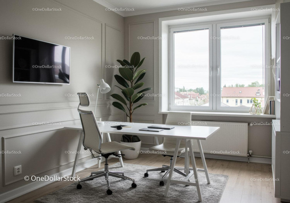 Bright Modern Home Office with Large Window and Green Plant