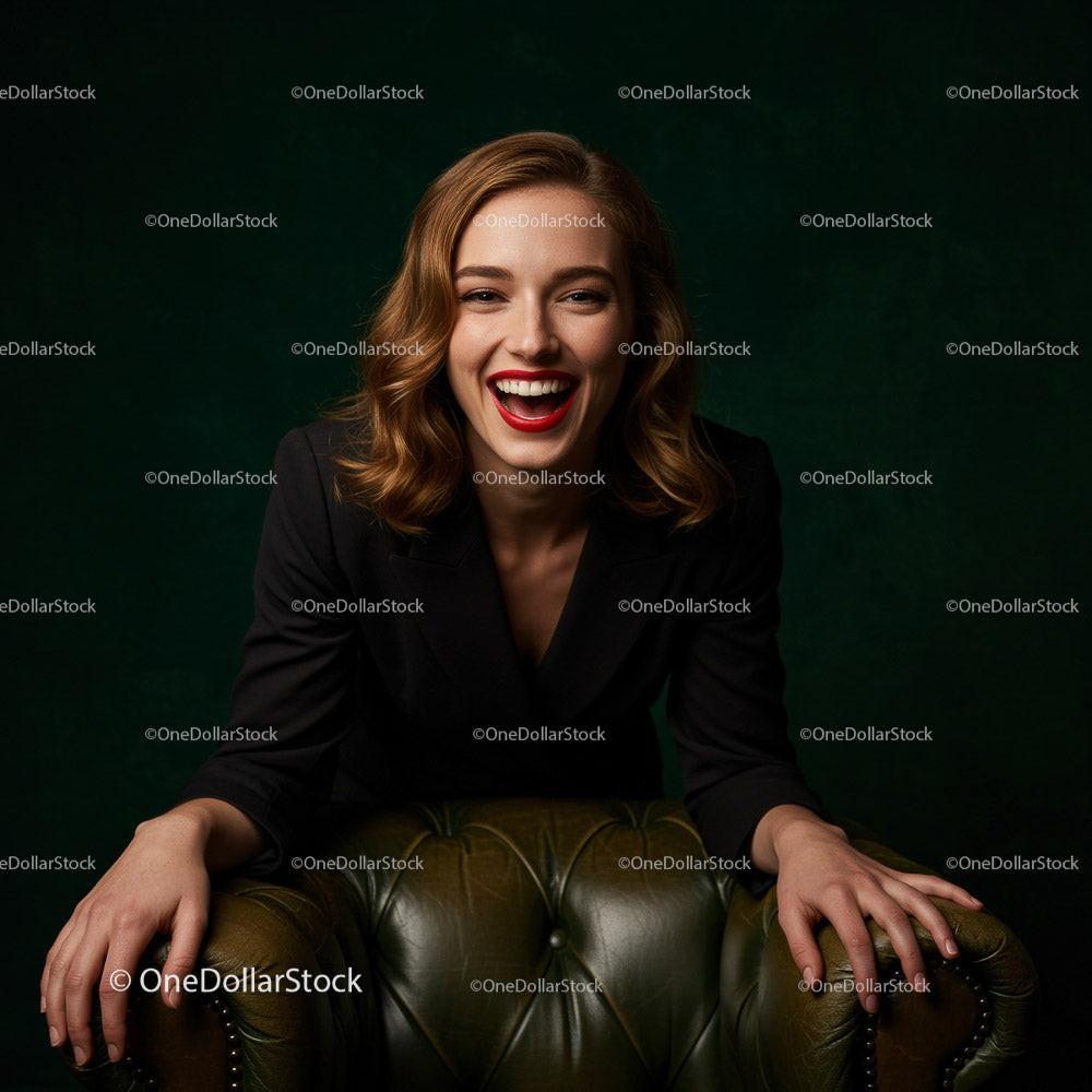 Confident Smiling Woman in Stylish Attire Sitting on Leather Sofa Stock Photo Bundle preview 20