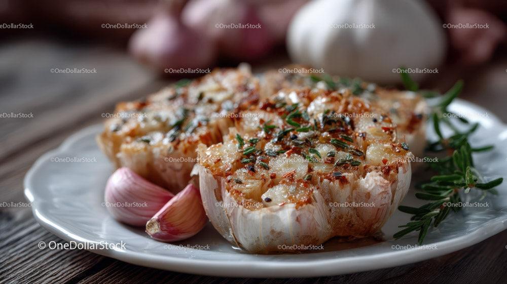 Roasted Garlic Cloves with Rosemary on Rustic Wooden Table 27 JPG Files digital asset preview