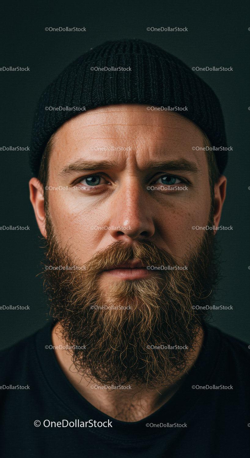 Thoughtful bearded man wearing black knit beanie