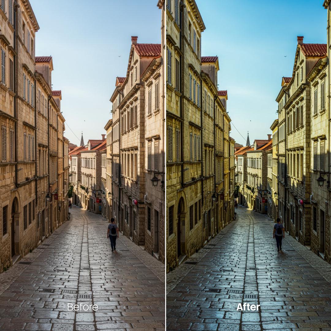 Before and after Cinematic Streets LUT Pack effect