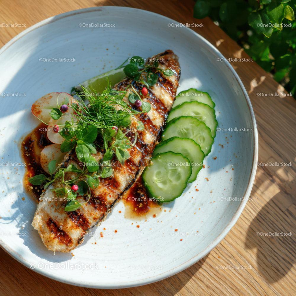 Grilled Fish with Cucumber Slices and Microgreens on a White Plate
