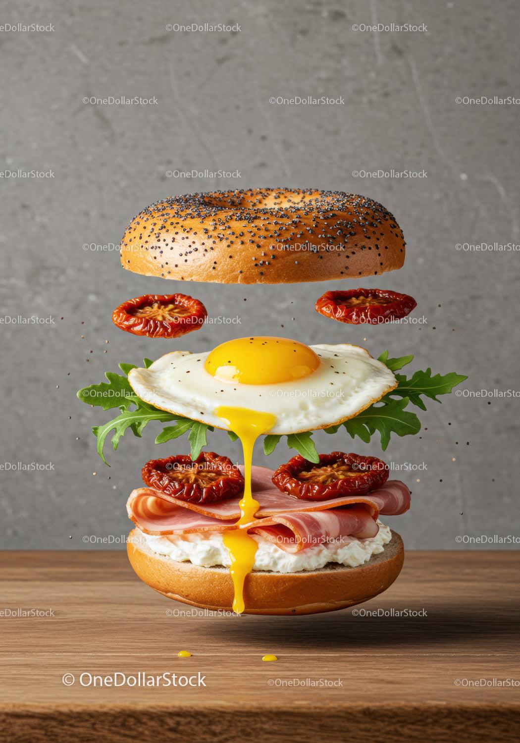 Deconstructed bagel with fried egg and sun-dried tomatoes