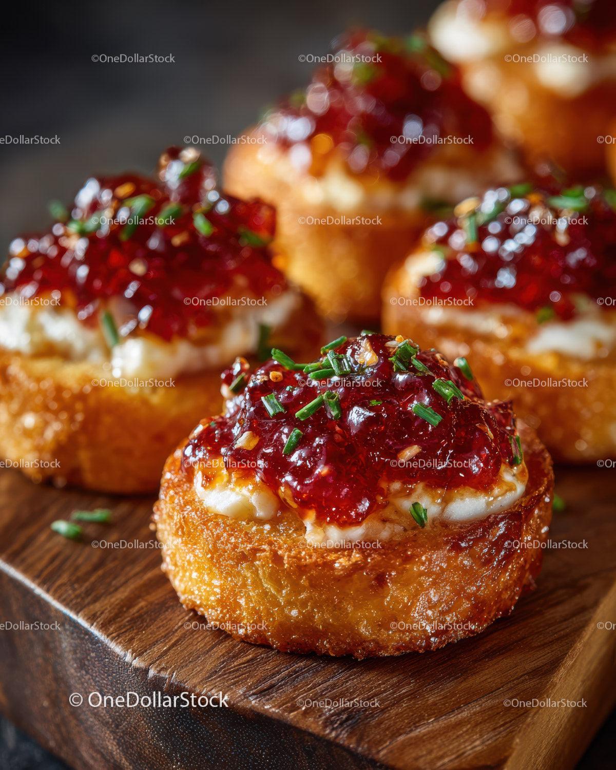 Gourmet Crostini with Cheese and Red Pepper Jelly on Rustic Platter Stock Photo Bundle preview 18