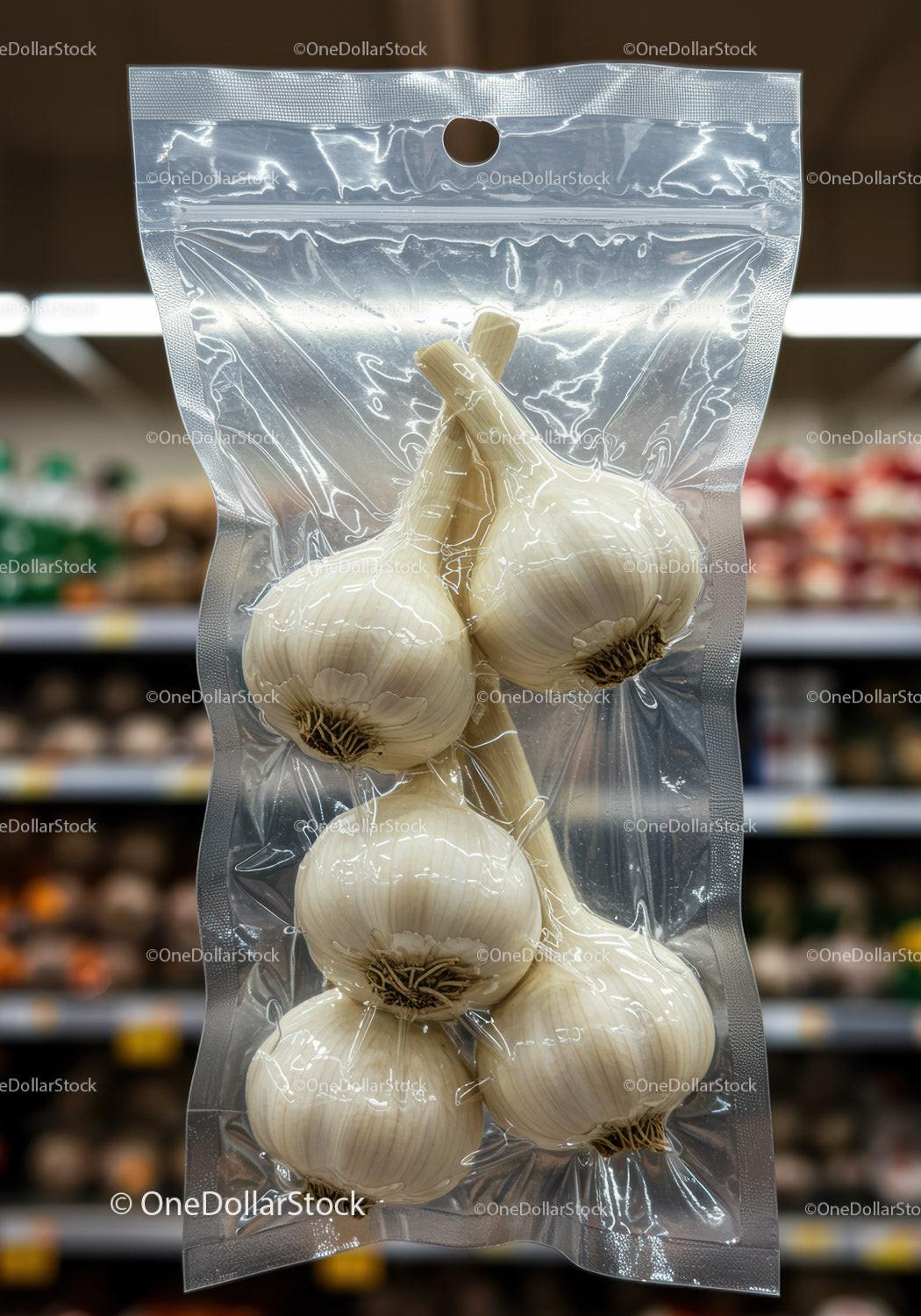 Fresh garlic bulbs sealed in transparent packaging