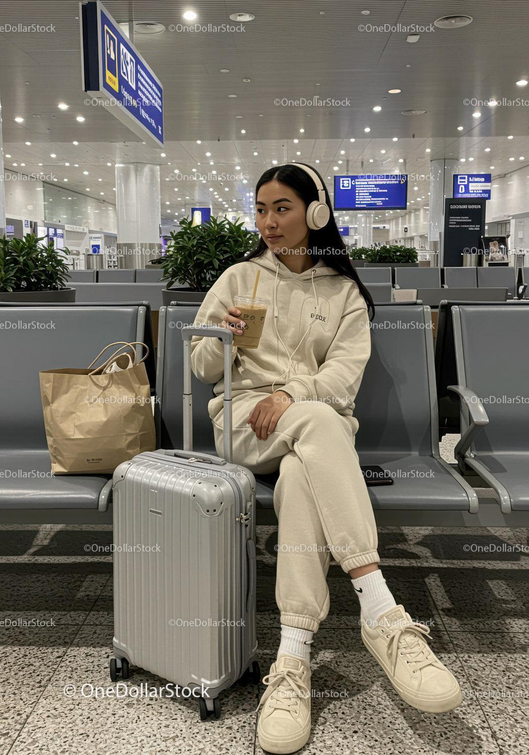 Young Woman Traveling at Airport with Suitcase and Coffee