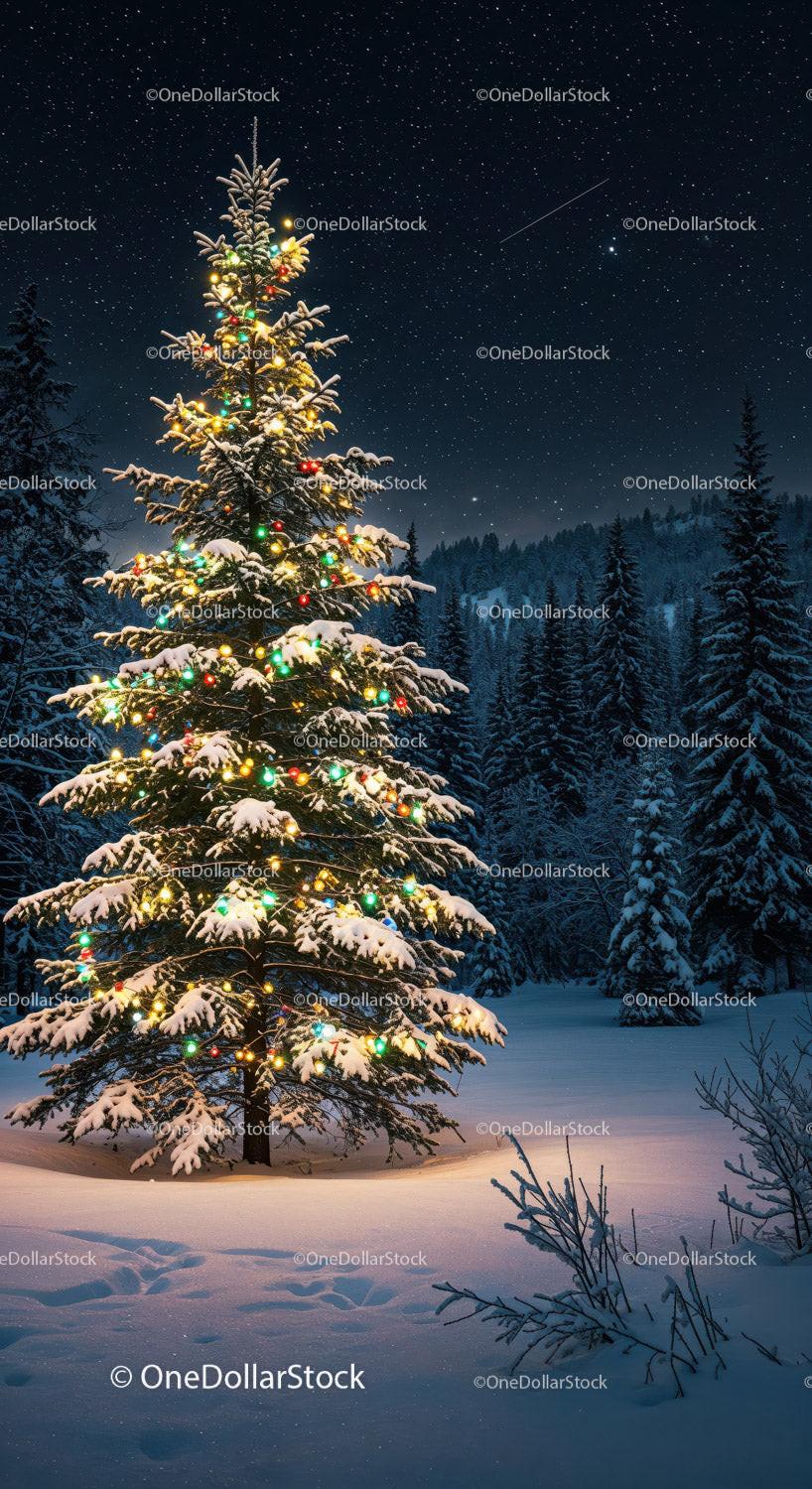 Snowy Christmas Tree Lit Under Starry Sky