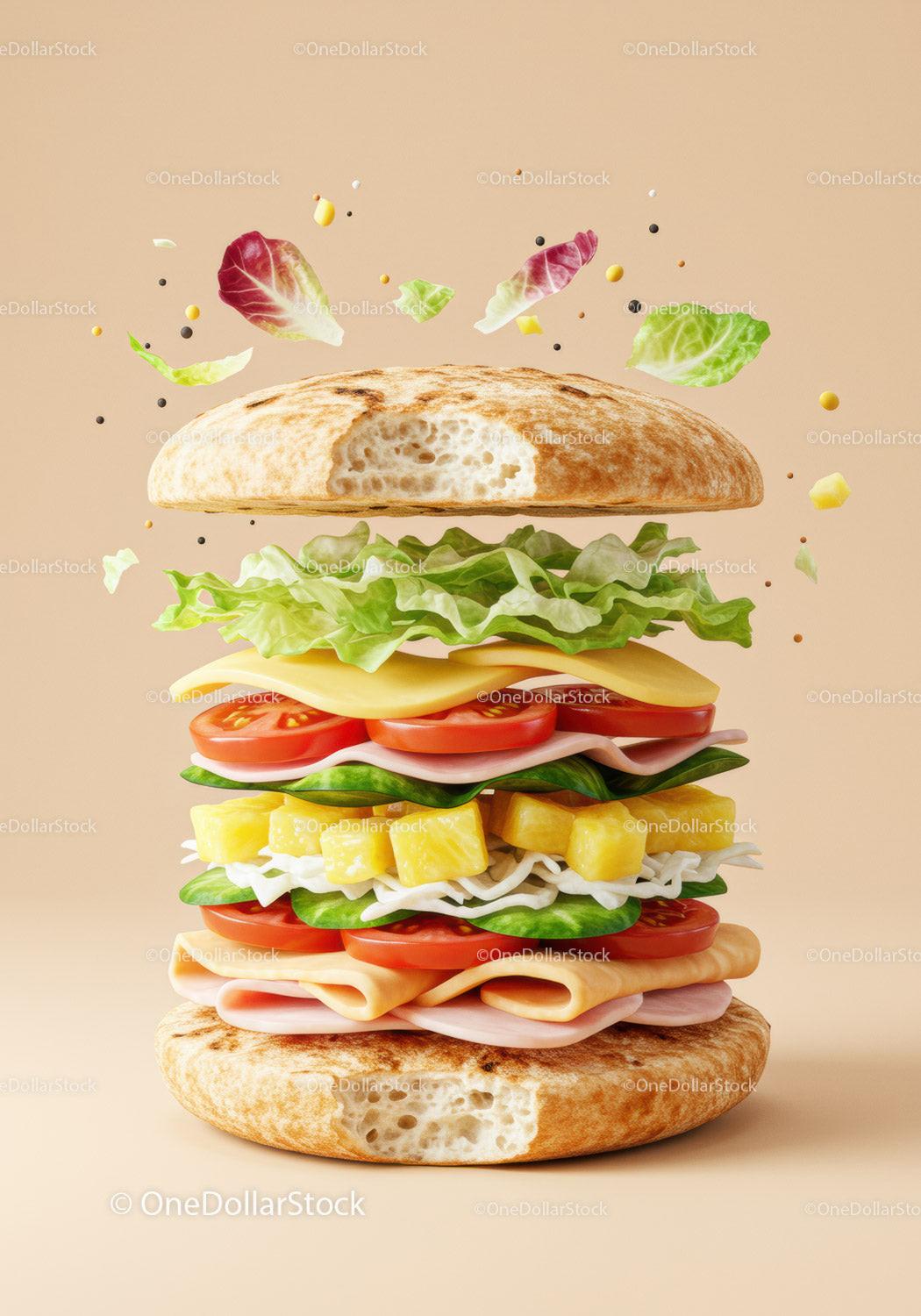Fresh multi-layered sandwich with colorful ingredients