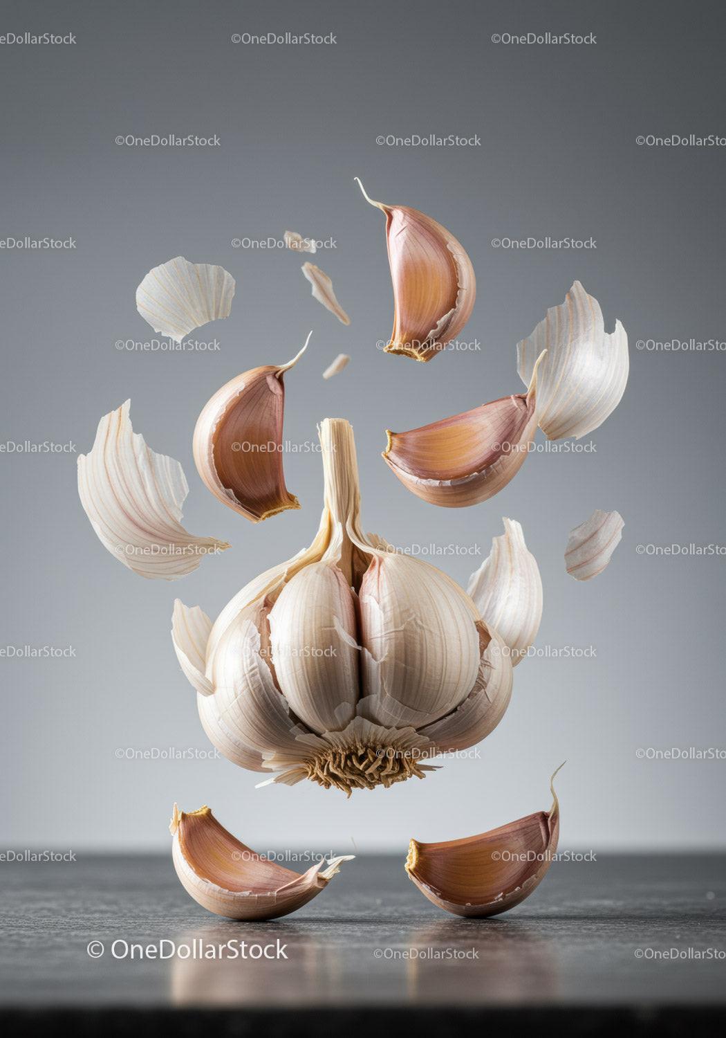Floating garlic cloves with peeling skin on gray surface